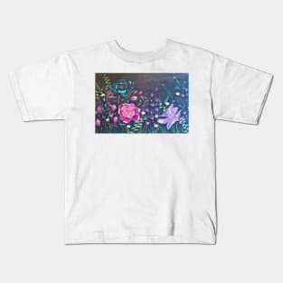 Moonlight Sonata, Glowing Flowers at Night, Bright Flowers on Black, Pink, Purple, Blue flowers, Floral Bedding, Floral Decor Kids T-Shirt